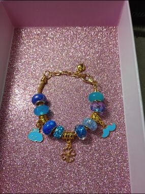 Pandora Style Gold-Tone Blue Beaded Charm Bracelet - Stylish Women Jewelry